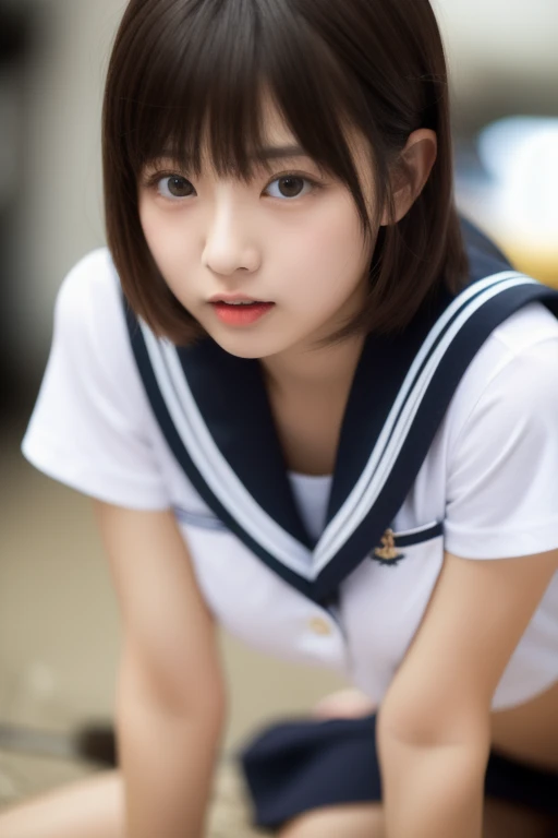 In 8K,Highest quality,The true picture,Intricate details,Ultra-high resolution,Depth Field,Masseter region,Natural soft light,Professional Lighting,1 Girl,(cute:1.2),Very beautiful 18 year old girl,Fine grain,((Brown eyes)),(Brown Hair),(Short-haired),(Skin without bangs,Glowing Skin,Pure white skin,Fine skin,Big and ample breasts,((Perfect Anatomy,Nice hands,Perfect hands,Five fingers connected to the palm))((Her panties slipped to the side、I can see her)).,,Perfect Bare Feet,Delicate legs,Perfect proportions,sexy,I can see your chest,((sailor uniform super mini skirt)),(tie),Black socks,Black leather shoes,Diving deep into the city,I can see your crotch,Showing your underwear on the street,Both legs are bent,(((Spread your legs wide in an M shape.,I can see your pussy))),Observe the audience、(((Big Breasts)))、((While wearing a miniskirt)),((Showing panties to the camera)),