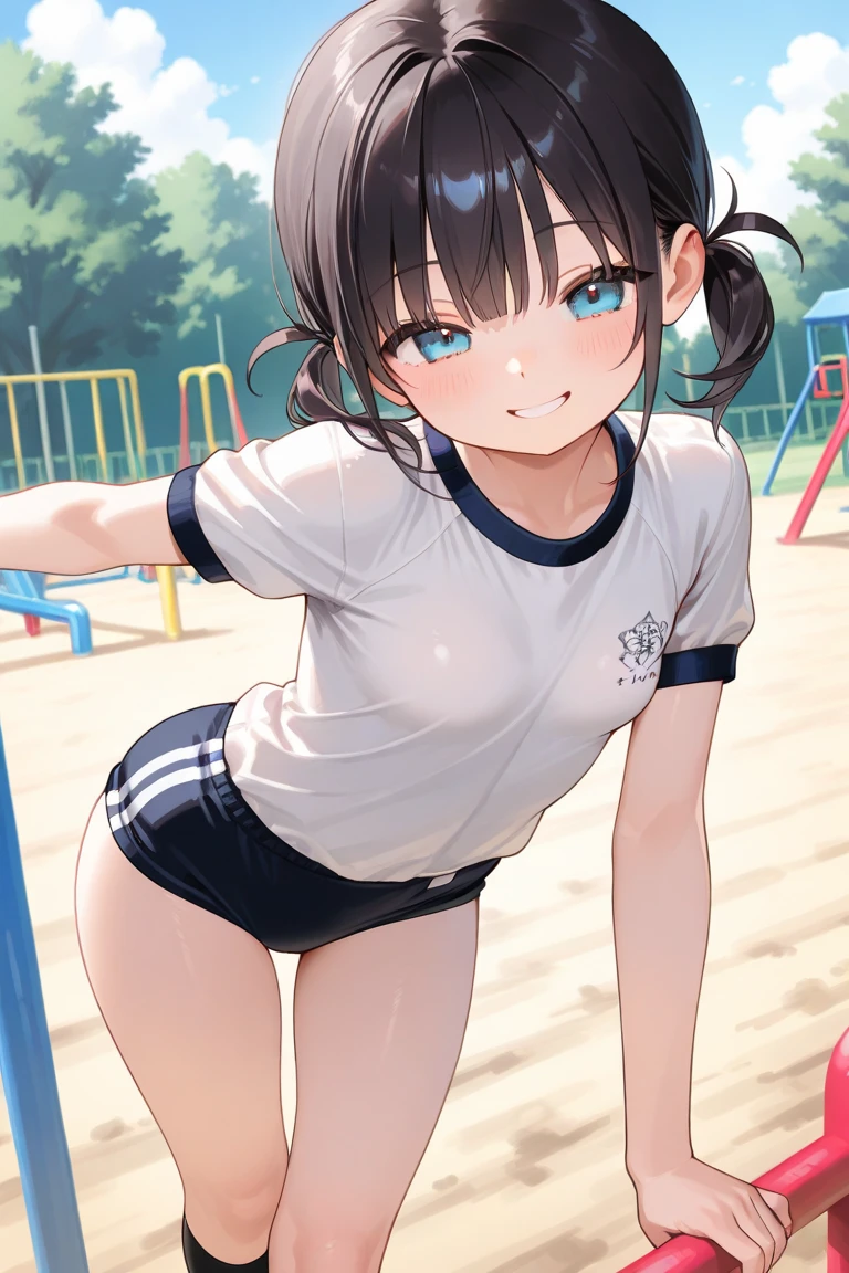 nsfw,masterpiece, extra limbs, 1girl,8years old, black straight hair, tareme brown eyes, (((delighted))), ((white sundress strap slip)),squatting,open legs,arms behind head, playground equipment,pov