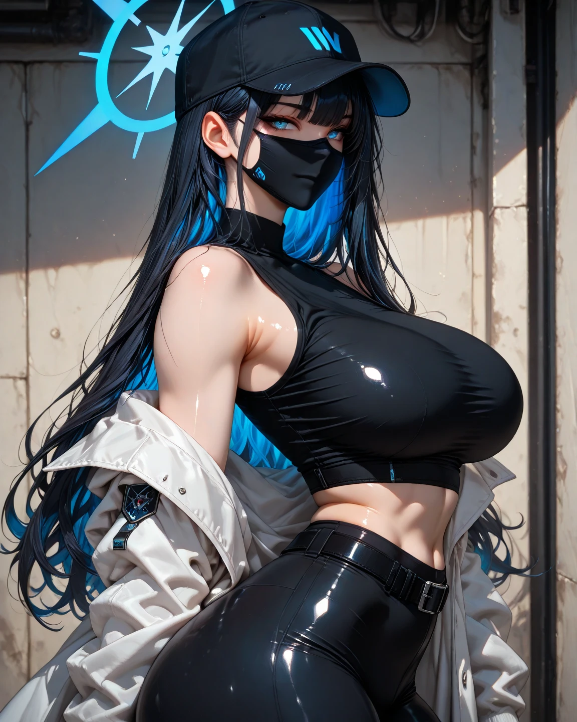 (Masterpiece, Best Quality:1.2), 独奏, 1girl, saori \(Blue Archive\), mouth mask, looking at the side, Long hair, black hair, baseball cap, Halo, blue eyes, Revealing clothes, off-shoulder, coat, crop-top, chest harness, Black pants, leggins, the sweat, Wet, Abs, ((Punching in the stomach)), ((Ryona)), ((bruises)), ((cum on clothes:1.1)), ((big breasts))