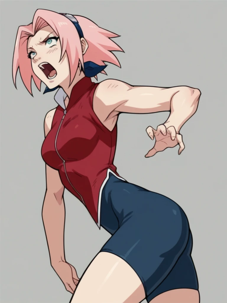 score_9, score_8_up, score_7_up, score_6_up, score_5_up, score_4_up, BREAK, source_anime,
1girl, haruno sakura, pink hair, short hair, green eyes, sleeveless, red shirt, forehead protector, beautiful legs, black gloves,
pussy, bottomless, full body, looking at viewer, solo, konohagakure hidden village background, punching pose, fist up,