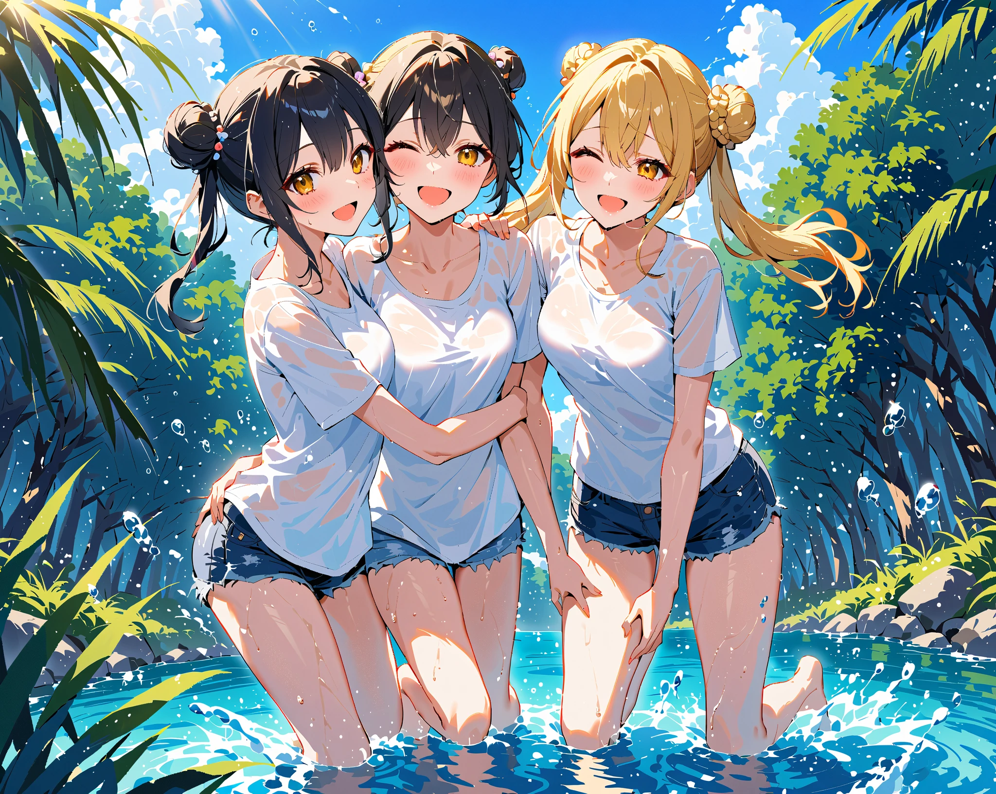 ((highest quality)), ((masterpiece)), (3 girls:1.5), cute three girls are posing for a camera , (in the water), (Lifting SHIRT:1.3), (Three people stand side by side), (close up shot:1.2), (open your mouth and laugh:1.3), (topless), nipples, (very small skinny panties),hair band, headband, hair bobbles, blouse, shirt, (high definition face), (high definition fingers), Asian, Westerner, silver hair, brown hair, blond hair, (navel), jewelry, looking at viewer, necklace, long hair, short hair, (abs),