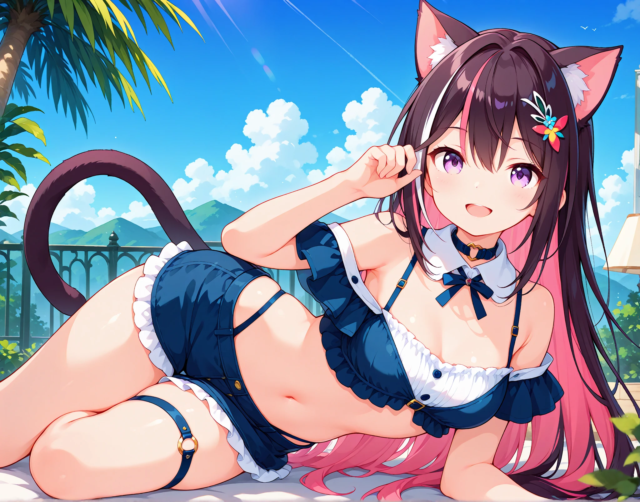 ((Browsing Caution)),Browsing Caution,Masseter region, Highest quality, Ultra-high resolution, Highest quality, Anime Style, Best lighting, Beautiful Face, sexy, Small breasts, Cat ear、tail、Underbust、Thighsの肌が見える衣装, (Tiny micro bikini in pink, )、Girl, shy, Black Hair, Long Hair, thin, Unfinished garment, Thighs、