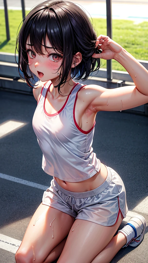 masterpiece, Highest quality, High resolution, Amikoto, short hair, Hair Flowers, hour々Gym Wear:0.5, Expose your shoulders, Sleeveless shirt, White shirt, Are standing, Cowboy Shot, Outdoor,(No underwear),(Open your anus with the fingertips of both hands:1.3),(hour々she'She is completely naked, exposing her big ass.),(Looks very young Small breasts),(Lean forward and stick your butt out)