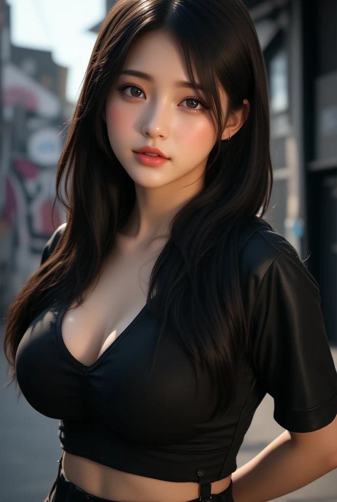 1 girl , big long hair, Bun hairstyle, Upper Body, Close-up photo, facing the camera, D cup breasts, Bulge on chest, angry, Cheeks puffed up, rain , Street View.