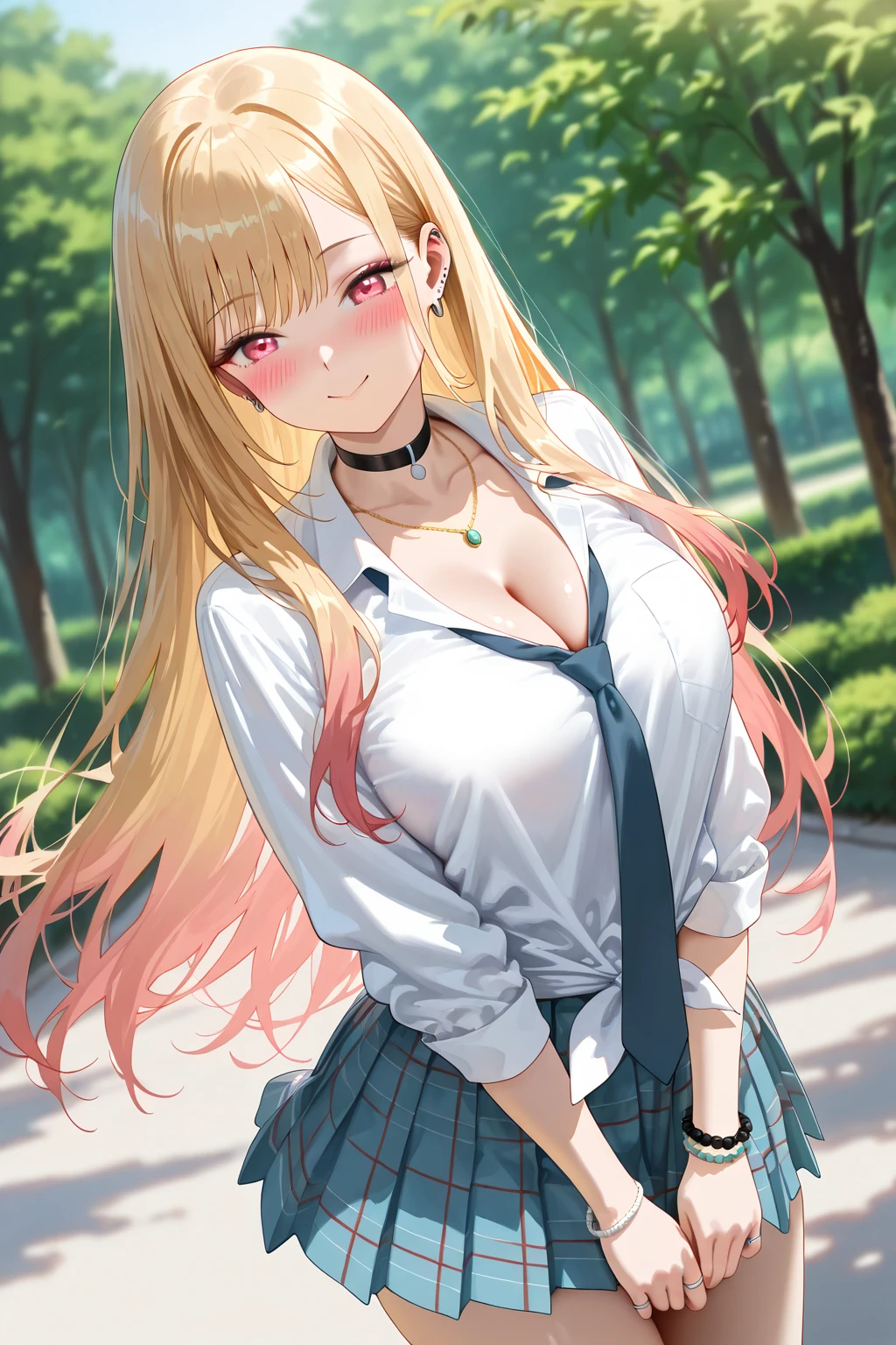 kitagawa marin sitting on bench, miniskirt, one shirt button off, cleavage, blonde long hair, ultra HD