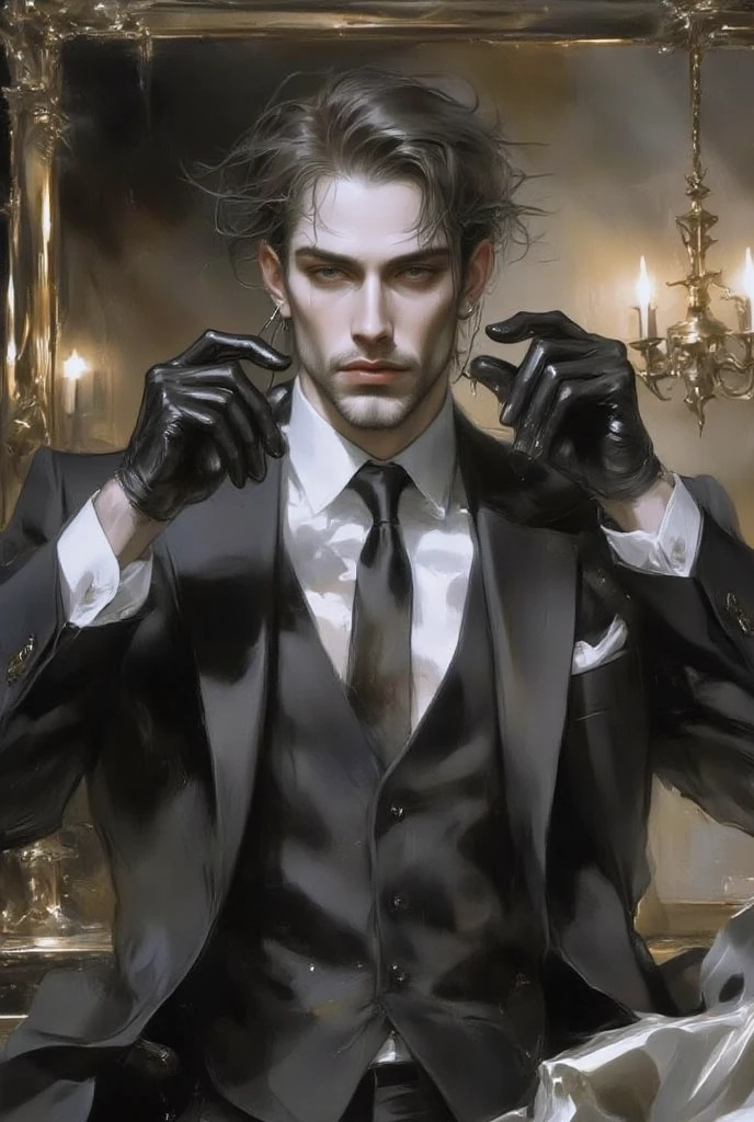  tall muscular man ,  pronounced jaw , short dark scrambled hair, sunken gray eyes, intense look, man in a tight black suit, muscular build, shorter dark hair, light beard, Piercing Eyes, black leather gloves, Standing with confidence, holding an earpiece, bodyguard posture, luxury hotel background, Dramatic lighting, mysterious and dangerous aura, Realistic shadows, warmth and superiority

