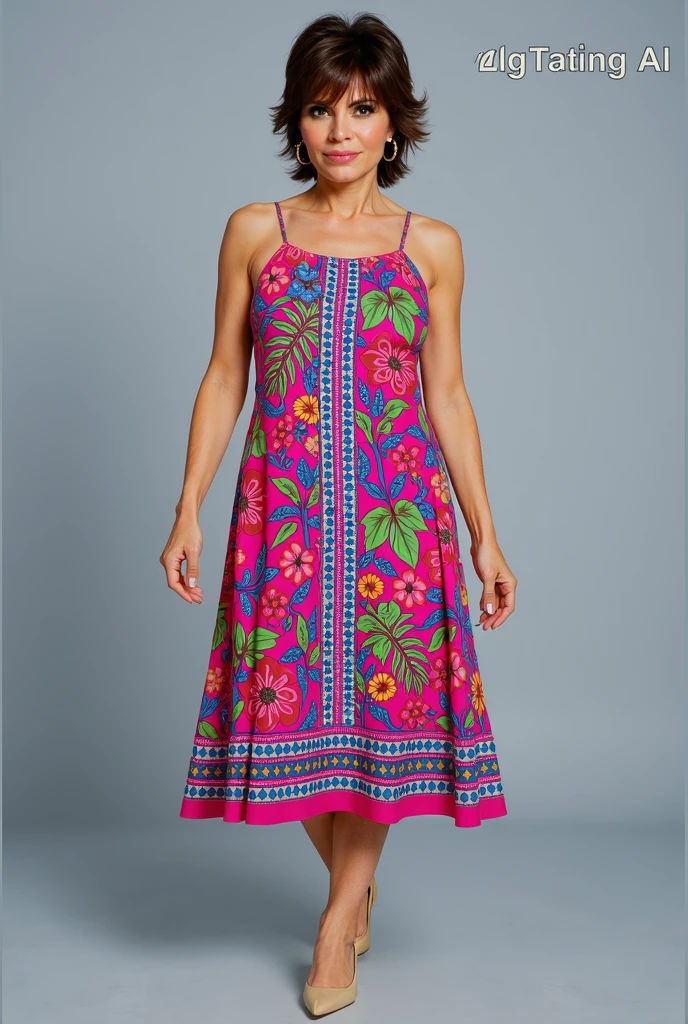 Kat timpf, skinny, sheer summer dress airy with intricate colorful patterns, standing in the doorway to the bedroom, lit from behind, sultry pose
