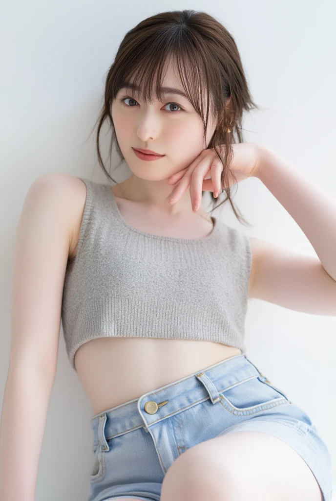 Picture taken from the front, with the left and right sides equally spaced, draw symmetrically, simple background, equally spaced left and right, stand upright, cowboy shot, (arms behind back:1.5), One girl, very short hair, (camisole, shorts)