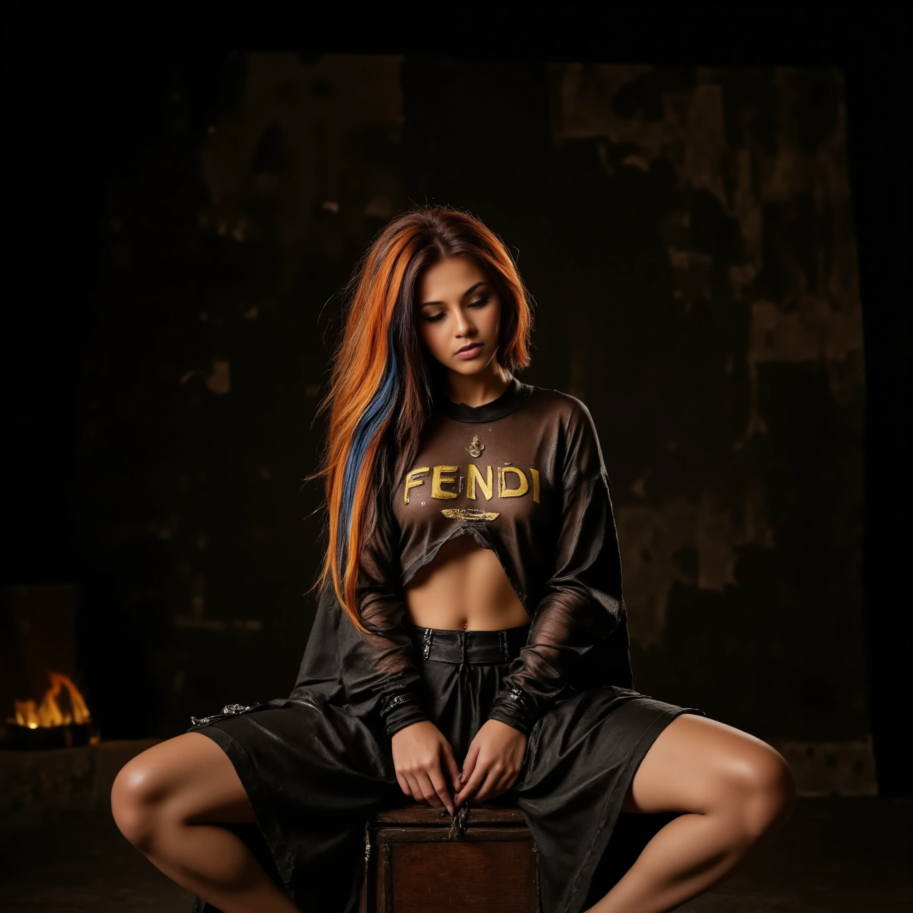 soft light,sinfully stylish,Sura,Sura is sitting on a vintage mahogany box, in a dimly-lit photostudio. Model is wearing a black outfit, consisting of a skirt and a top. The skirt is a heavy midi-length garment, featuring an asymmetrical lower hemline. There is a small patch at the hip, which is embroidered with a small silver crown and the wordmark "192.168.NO.1". The opaque top is a made of a fine mesh, also black. The long-sleeved top is worn over a black bra. The top has prominent oversized golden lettering, printed slightly off-centre. The lettering reads FENDI in a bold, sans-serif font. The outfit has some fetish inspiration with zipped seams and irregular hems. Model is sitting on her hands - a submissive cute pose with her hands under her legs. She is looking/facing downwards (head lowered) so her face is obscured by her long ginger hair. Her hair has chunky streaks of blue and silver. Her feet are turned towards each other and her legs are together. Model is a latina, with tanned skin. The grunge backdrop is rough industrial breezeblocks. Overall this editorial fashion photo is highlighting and contrasting the gold lettering on the top with the gloomy surroundings and the model's own low key pose