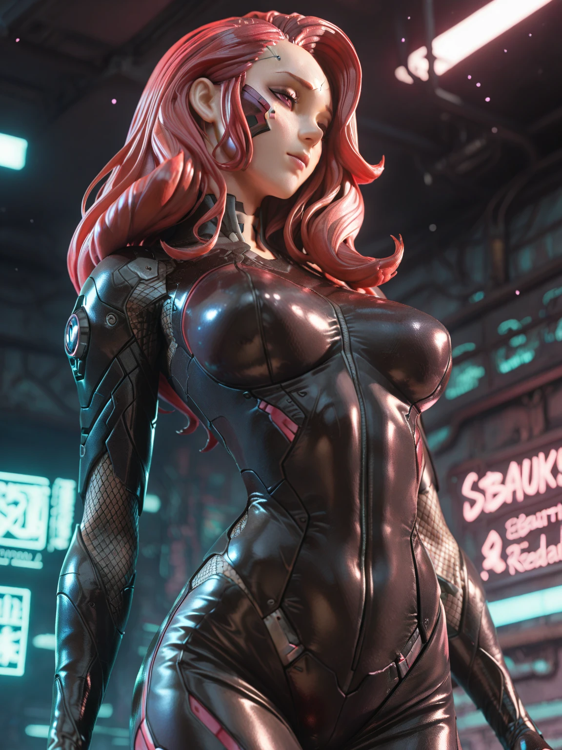 Wavy hair, curly hair, cyberpunk, LINGERIE cyberpunk, a sexy girl, latin face, Space Age, Wavy hair, whole body, very detailded body, very detailded face, shining skin, detailded_eyebrows, comely_eyeballs, realisic skin, ultra-realistic, sharp and highly detailded focus, 8k, SEMINUA, BODY DE FIOS, LOW-CUT BODYSUIT, black thong, BIG BREASTS 