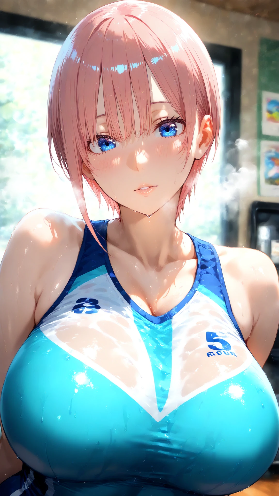 pieces fly、masterpiece、highest quality、Super detailed、High resolution、High resolution、8K portrait、Unity 8k壁紙のHigh resolutionCG、unity 8k wallpaper、cute:1.5、slender body:1.5、Highly detailed CG unity 8k wallpaper、realistic、real person、cute、 portrait photography、shiny skin、High resolution、(pink hair bob hair:1.2)、(16 years old:1.2)、(1 girl)、(school poolside:1.6)、perfect face,seriously,(blush:1.5),(midium breasts:0.8),(navy blue school swimsuit:1.4),(tits topless:1.5),((Orgasm in the vagina:1.5)),(leaning forward:1.2),(hands behind breasts:1.3)