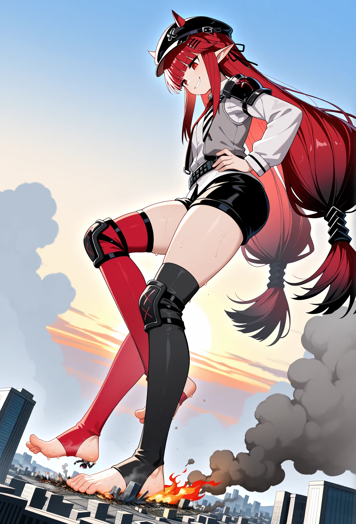 (best quality, highly detailed:1.3), (masterpiece:1.3), ((official art)), detailed face, beautiful face, (detailed eyes, perfect eyes, deep eyes), (1girl:1.33, solo), full body, jessie\(pokemon\), (very long hair, small breasts, narrow waist, red hair, hair slicked back:1.2), (cyan eyes), earrings, grin, team rocket, team rocket outfit, white crop-top, white miniskirt, midriff, navel, black elbow gloves, black thighboots, action pose, (dynamic pose, dynamic angle, city, detailed background:1.2) <lora:jessie:0.8>
