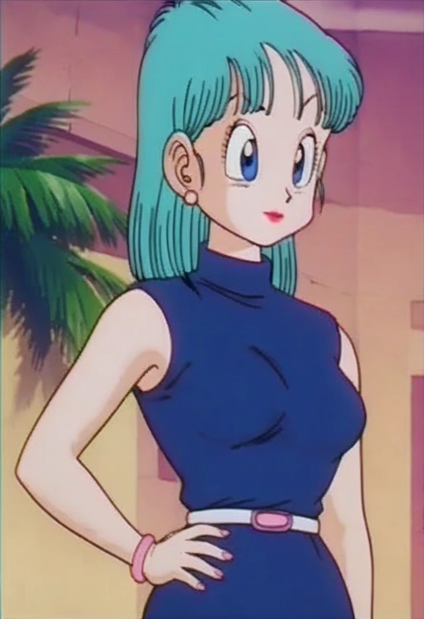 source_anime, score_9, score_8_up, score_7_up, anime screencap, bulma \(dragonball\), aged_up, brick wall, blue skies, 1girl, solo, medium hair, blue eyes, jewelry, earrings, outdoors, sleeveless, tree, aqua hair, retro artstyle, 1990s \(style\), ((((nude))))(((( showing bib boobs))))(((hands above showing armpits)))), right arm down, looking at the viewer, medium breasts, upper body, smile, standing,(((naked))((huge boobs))))