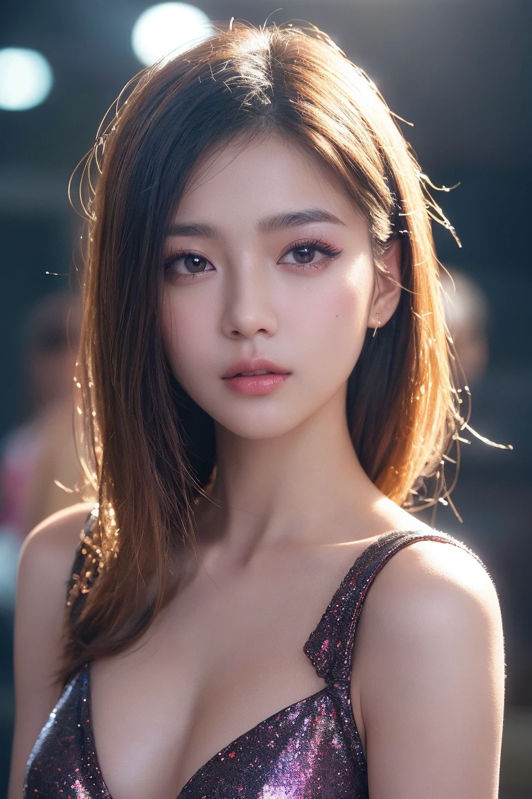 (best quality, 8k, 32k, masterpiece, UHD:1.2), ultra high resolution, (pretty a Korean early teen girl), 13 years old, portrait, beautiful detailed eyes, dark make-up, semi long brown hair, bangs, (wearing magenta tank top), large breasts, cleavage, crowded city boulevard on a bright sunny day, (detailed background:1.5)
