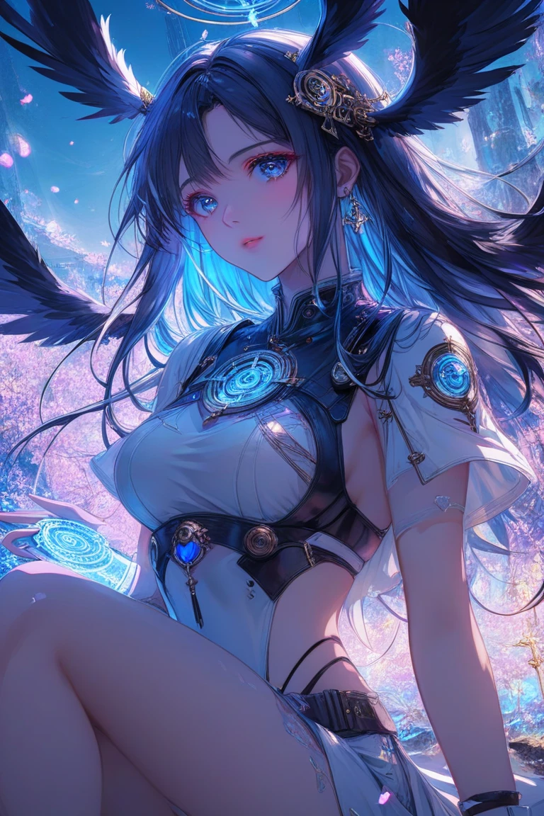 (Top quality), (Super detail), (Hi-res) One cute Tantra dark angel girl, light blue eyes, small nose, white skin, Black wings,  black hair, full body Tantra tatto, metallic sexy See-through gothic costume, Magic Circle, psychedelic healing meditation, Fan