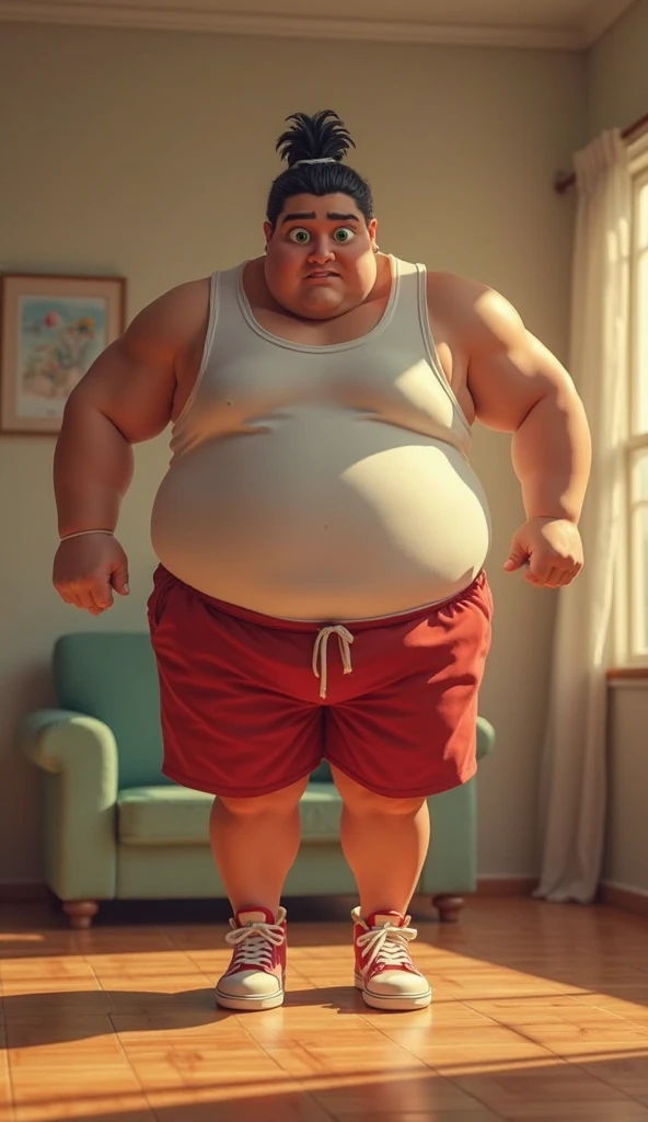High resolution, masterpiece, In the whole body frame、Full body standing、Japanese、Ultra-short stature、Fat and obese grandpa、charming face、Small round-rimmed glasses、Thinning grey hair、Sweaty all over、White tank top、Shorts、running shoes、Background gym