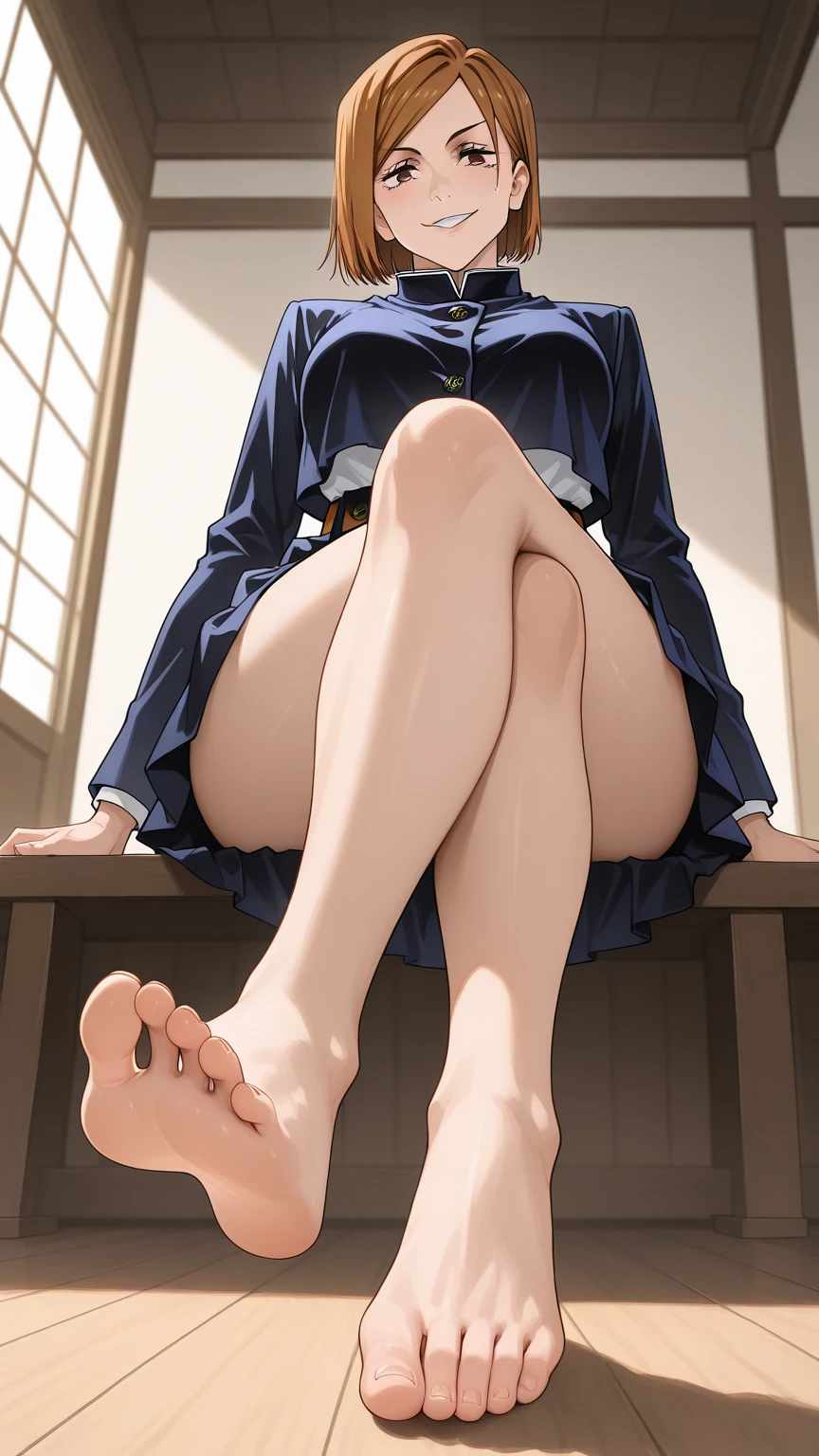 There was a woman sitting on a bucket in the room, knees tucked in, thigh close-up, close-up on legs, barrel chested, Fully clothed. painting of sexy, Abigail from Stardew Valley, legs visible, upper legs, style in ghibli anime, detailed shot legs-up, sitting on a stool, Thighs