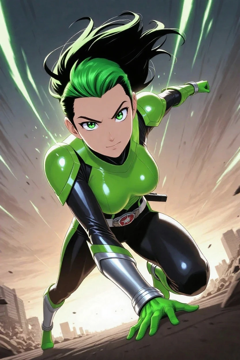 Buttercup from Powerpuff Girls as a Violent Mature Themed Action Anime, bloody battle damage and wear, ecchi Damaged and Ripped clothes, curvy big ass, green and black outfit, ecchiy, getting fucked roughly:1.4