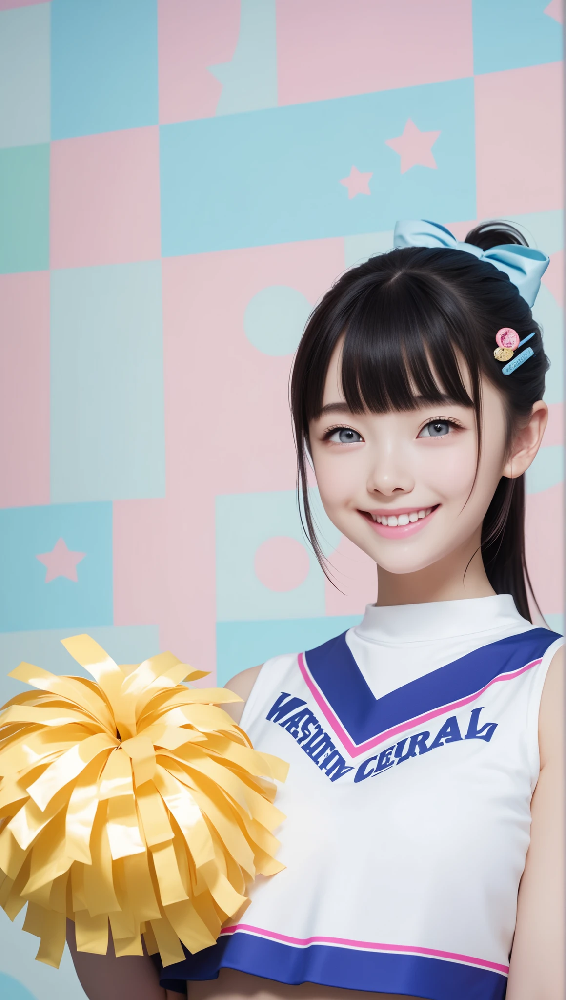 (high resolution:1.5), (masterpiece:1.5), very detailed, best quality, 8k, ((1 girl)), (Cute Japanese woman), cute 2 beauty, (medium breasts:1.5), detailed face, Beautiful and elegant face, cute face, (Round face:1.4), thin lips, natural bangs, arched eyebrows, well-groomed eyebrows, (big eyes with a good balance between the left and right sides), cute eyes, beautiful eyes, beautiful thin nose, beautiful face line, (beautiful skin), medium Hair, Brunette hair, black hair, (natural bangs), (looking at the camera with a Gentle smile), smooth skin, fair skin, (Beautiful breasts), (Slender body:1.5), ((Beautiful cleavage)), smile, (Round face:1.6),