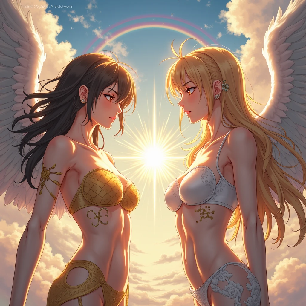 (superflat, masterpiece, flat shading, flat colors:1.1), Cinematic shot, Masterpiece, echo style, horny, female teacher humiliating two girls on a leash, ((3 females, multiple females)), european, (3 beautiful females, lesbian orgy), ((humiliating, fingering, humiliation, humiliated, golden halo, halo)), (chained, tied, golden chain, golden dildo, penetration, chain around bodies , chained collar, handcuffs, rough:1.4), leather gloves, leather, slim, lingerie underwear, silk bra, lingerie stockings, angel wings, (cold light, cold blue tones), flat blue background, highly detailed, from below

