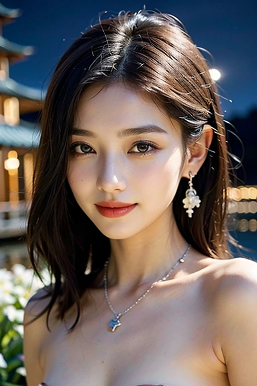 Super cute Asian girl; age 18-20; copper-orange hair, smooth, shiny under the sunlight, beautiful in detail; milky white skin, flawless rosy; jet black eyes, almond-shaped, sexy, youthful, clear; delicate, perfect eyelids; curved, sparse eyebrows; Extremely beautiful face, pure, beautiful like a fairy, balanced, perfect, beautiful in every detail, high-end makeup cosmetics; pretty, high nose; prominent cheekbones; seductive lips, light red lipstick, lovely lip gloss; pure white teeth, bright smile; turquoise outfit, embroidered with gold thread; The girl's body shape is plump, graceful, youthful; The girl wears accessories such as a ruby necklace, ruby earrings; High-end fashion style, modern 2024, luxurious. Photo taken with Canon EOS R5 85mm f/11 camera, shooting mode ((sharp)) people and surrounding scenery. Image quality ((8K)), ((lifelike)), ((masterpiece)), ((sharpest and highest contrast)), ((large depth of field)), ((stereoscopic light)); sunlight: sparkling, illuminating the girl's body; The background is an empty street, many tall buildings, blue sky, and rolling white clouds.