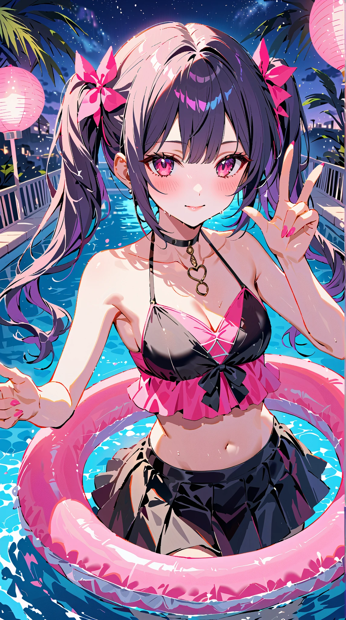 (Incredibly ridiculous absolute resolution:1.5)、hiquality、top-quality、masuter piece、Anime girl in pink and white bikini, 魅惑的、Anime Loli, 8k Manga Wallpapers, heart mark、Smile、Shy laughter、((small curvy loli))、pretty anime girl,((swimming pools))、(Medium Shorthair)、(short braided hair)
