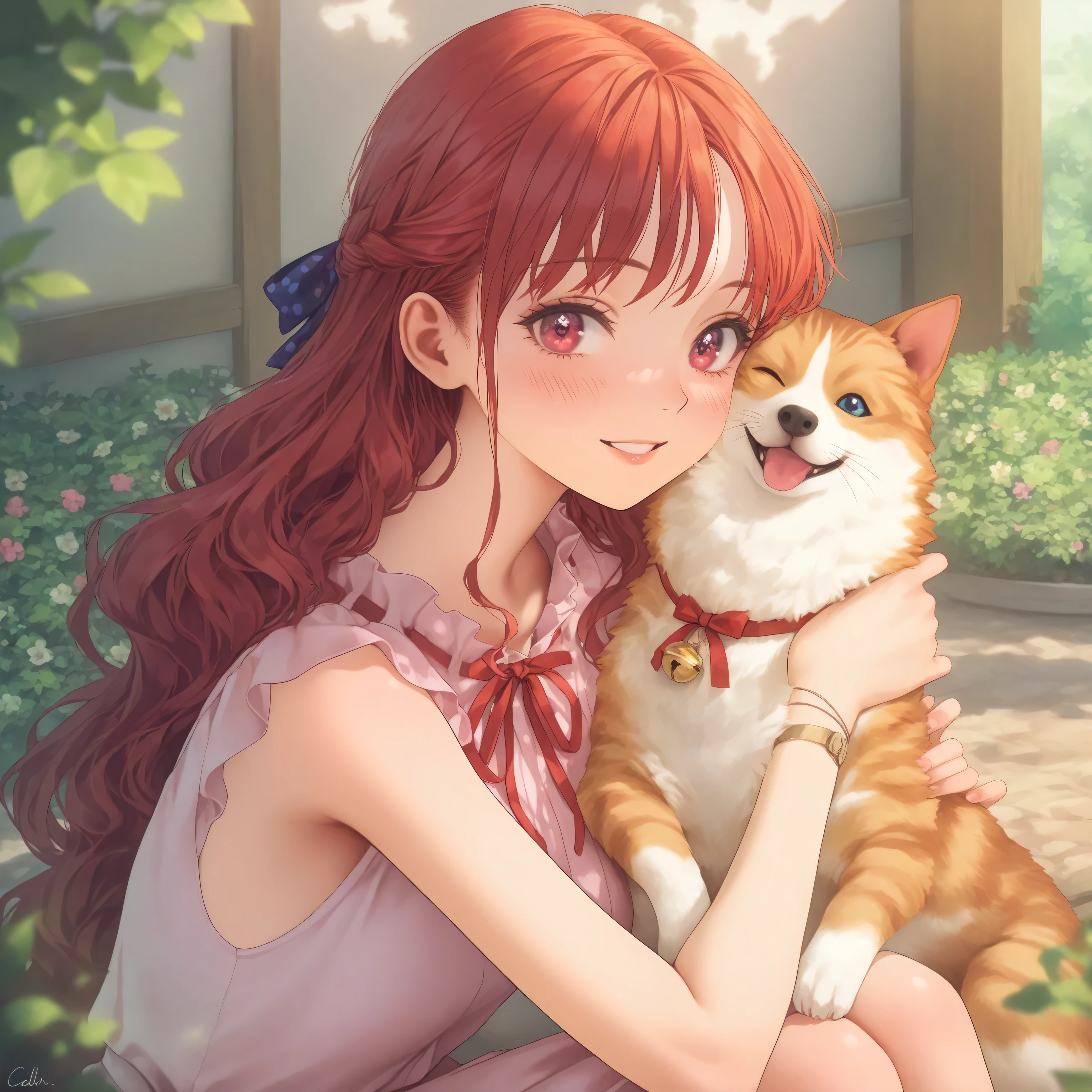 An 18-year-old Japanese girl with warm auburn red hair in soft, natural waves falling just past her shoulders. Sometimes loosely tied back, with a few strands framing her face. Fair skin with a healthy pink blush. Warm hazel eyes with long lashes and a soft, calm expression. Natural kawaii makeup with peachy blush, subtle glow, and soft pink lips. She is tall and slim with healthy body proportions, graceful posture, and gentle movements. A close-up portrait of Hana sitting in a garden with her tabby cat on her lap and her fluffy dog resting beside her. Hana is smiling softly, looking directly at the viewer. Her red wavy hair is styled with small red and blue bows, and she wears her signature white blouse with red ribbon collar.
The background is a softly blurred countryside garden with flowers and sunlight filtering through trees. The colors are warm, soft, and peaceful.
Framing: Tight composition, focused on Hana’s face and shoulders, cat and dog partially visible but clearly part of the scene.
Style: Studio Ghibli-inspired 2D anime portrait, soft and heartwarming.
Aspect Ratio: Square or circle-safe (for profile icon)
