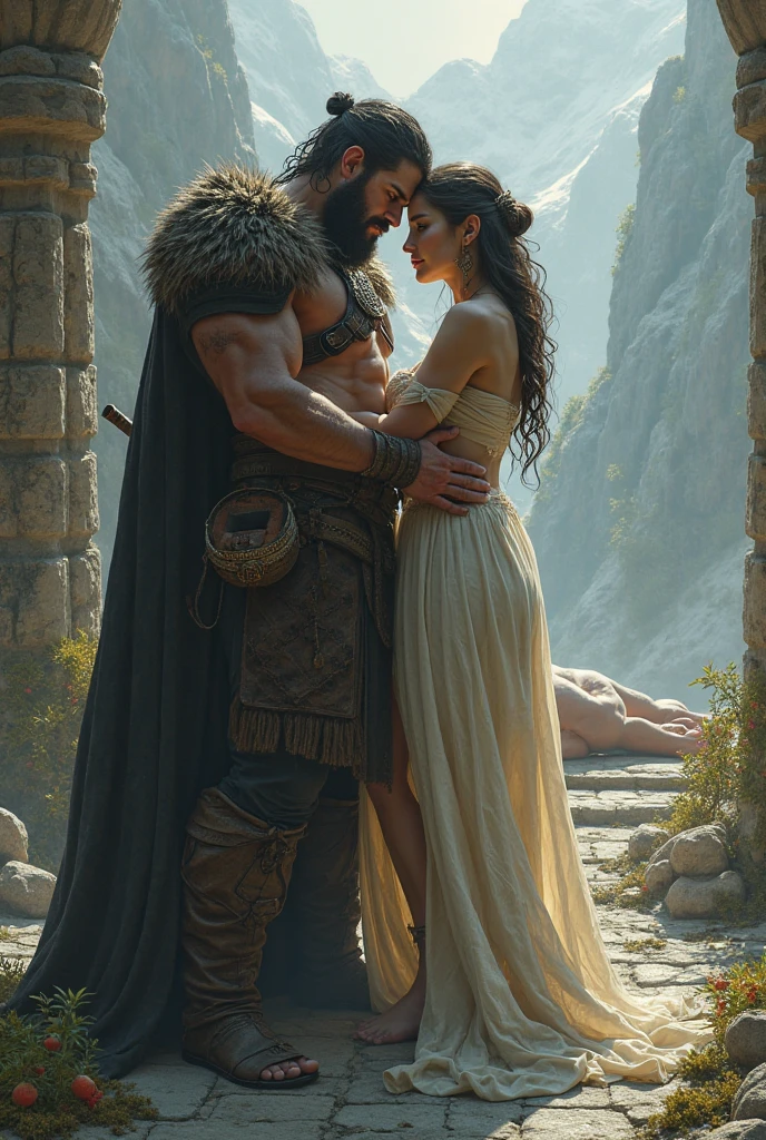((best quality)), ((masterpiece)), (detailed), (couple), (1woman, 1man) , ugly masculine man, heavy rough beard,  feminine beautiful woman, natural breast, (man holding woman forcefully from back), (fantasy illustration:1.3), enchanting gaze, captivating pose, sexy, NSFW, rough, evil, dominating man, submissive woman, (Luis Royo:1.2), (Yoshitaka Amano:1.1), moonlit night, (detailed cloudscape:1.3), (high-resolution:1.2)