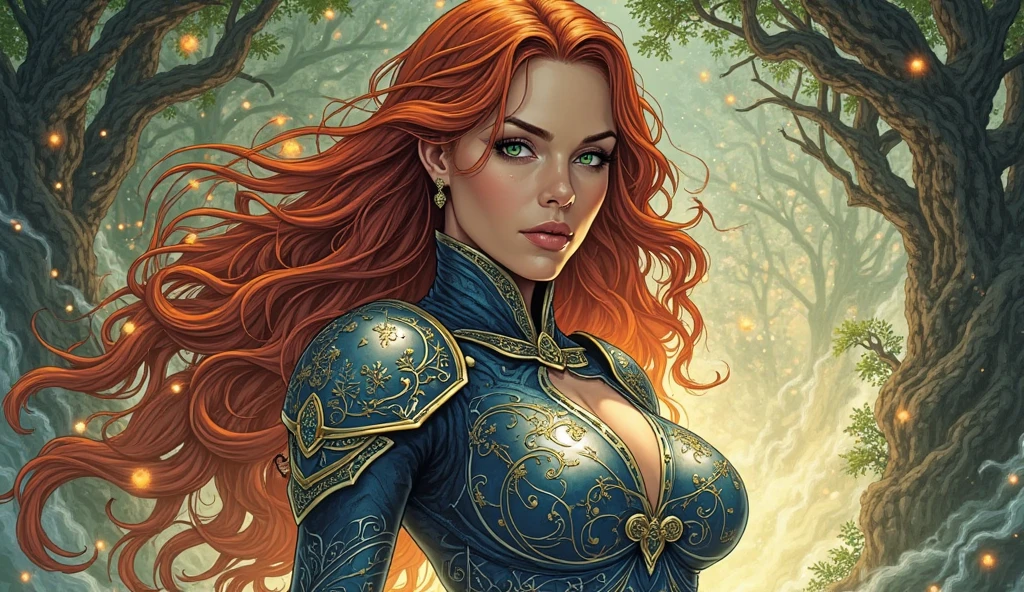 Busty redhead sorceress casting a spell on a skeleton