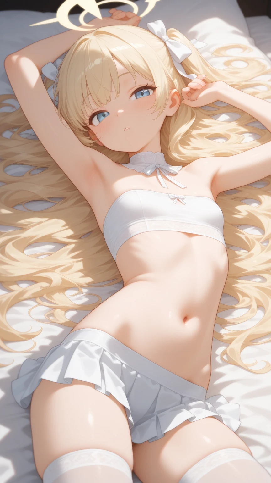 Highest quality, masterpiece, No correction, Beark,shinosawa hiro,thin,Orange eyes,White eyelashes,Blonde,Long Hair,Hair Clip,flat chest,white background,blush,frilled bikini,orange bikini,lying,