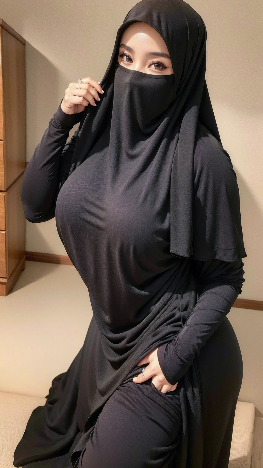 8K, high quality, nice lighting, soft lighting, realistic, dark eyes, sexy, big breasts, thighs, wide hips, arabic dress, black dress, Jewelry, sexy lady, asian, hijab, niqab, sexy pose, showing big thighs, nice body, natural largest breast, wearing rings for woman, office girl, sexy posing, hand sock, mature woman