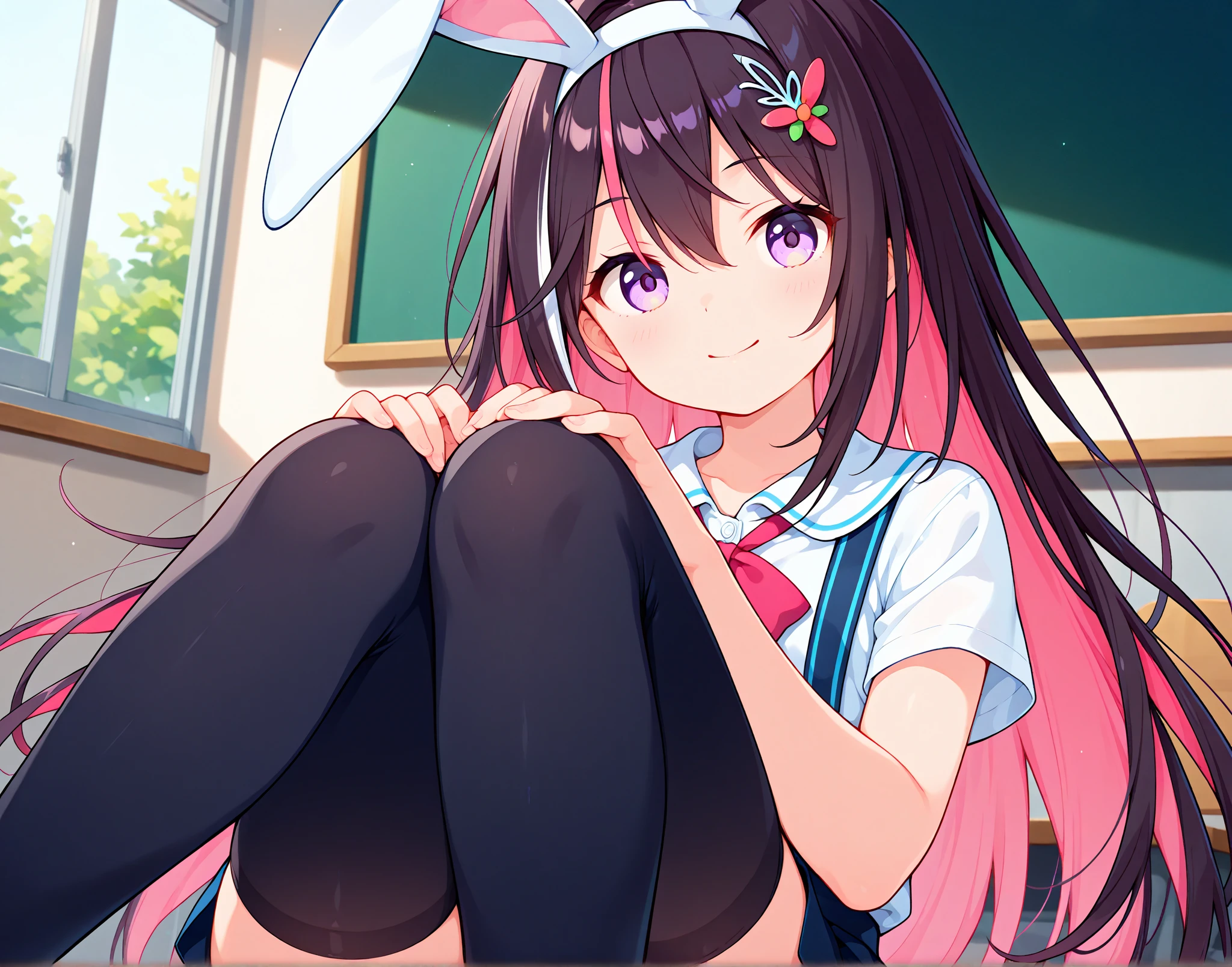 Kamado Nezuko, 1girl, closed mouth, smile, flower, long nails, looking at the viewer, petals, pink eyes, purple hair, ((masterpiece)), embarrassed, surrounded by people, walking on the street in public, nsfw, ecchi style, hands on waist, walking in school, playboy bunny, playboy bunny, big thighs, pantyhose, ecchi, malicious smile, malicious look, loli,(cameltoe) , nipple stand out, pussy stand out