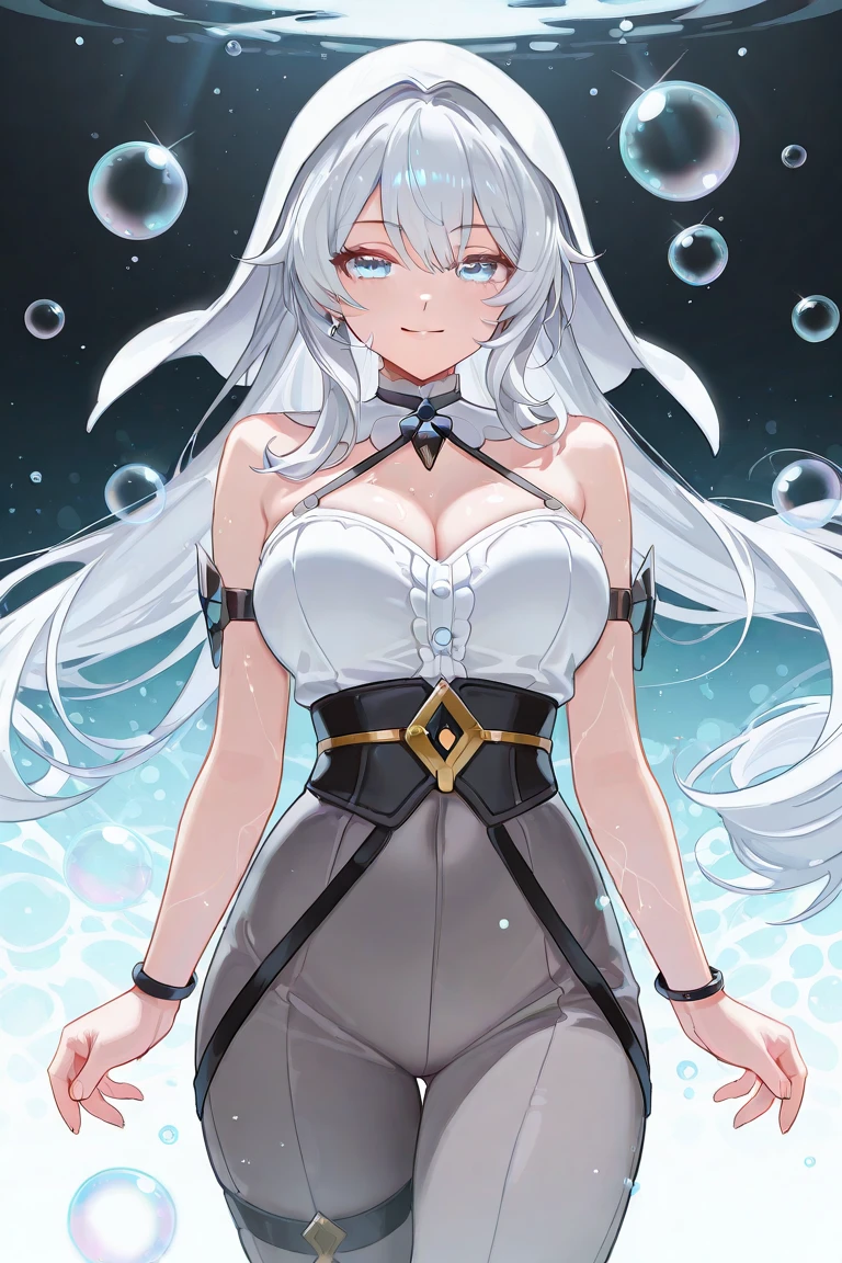 anime girl with long white hair and a blue dress looking at a wave, the piercing stare of yuki onna, frozen tear, white haired deity, it has a piercing gaze, really close, frost clings to her skin, white haired lady, white haired