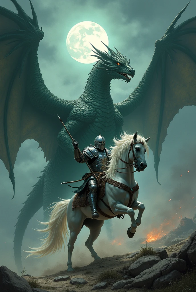 Ancient Dragon, Dragon with two heads, Dragon with white scales, Dragon Rider, Horseman, man in armor.