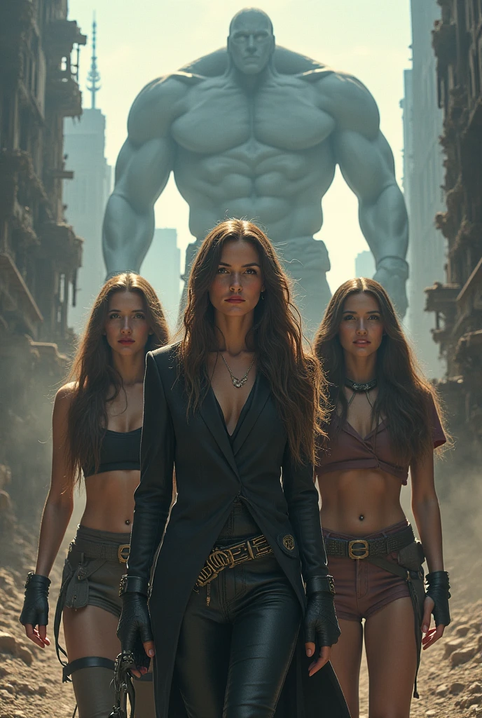 A veloptious woman in a war-burning city MYM on her chest. Being protected by a Gorilla army in tactical gear with MYM on their chest