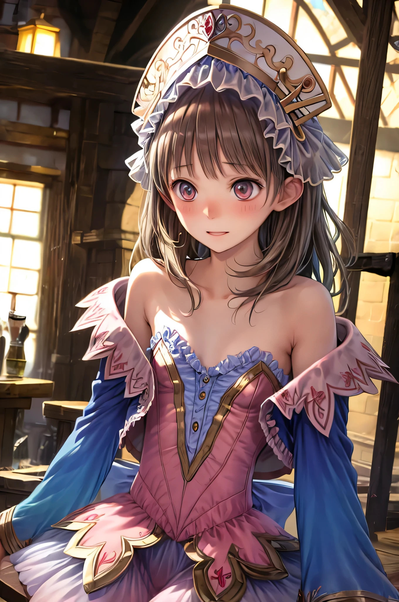 masterpiece, best quality, high resolution, sharp focus, anime coloring, depth of field, photorealistic, anime style, clumsy pose, blush, relieved, vibrant colors, cinematic lighting, high quality, perfect detail, perfect anatomy, 8k, HDR, fantasy magic, magical energy, alchemist aura, atelier background, chartotori, blue sleeves, detached sleeves, skirt, dress, bare shoulders, blush, collarbone, strapless, hat, frills, flat chest, bow, back bow, sitting, laugh