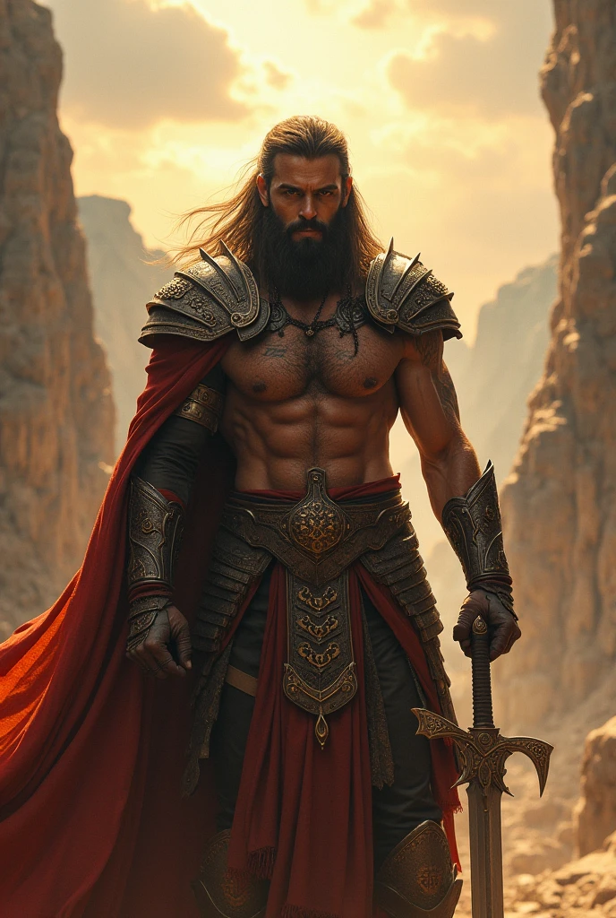 Create an illustrative image of a furious medieval period warrior, muscular with long hair, in a fierce battle with storms and fires and dead bodies on the ground, raising a sword upwards