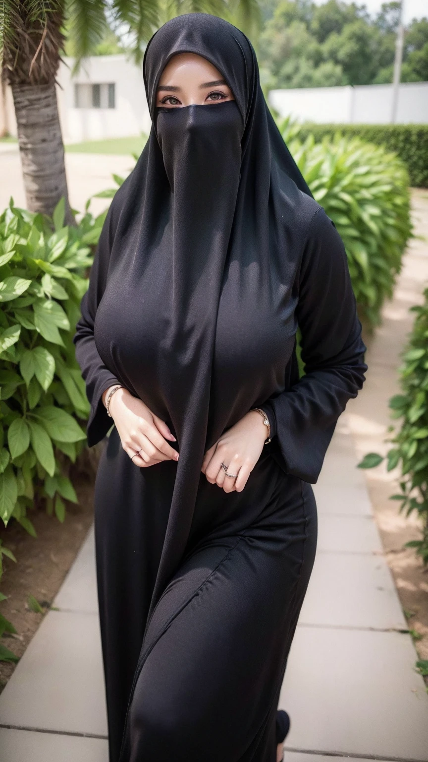 8K, high quality, nice lighting, soft lighting, realistic, dark eyes, sexy, big breasts, thighs, wide hips, arabic dress, black dress, Jewelry, sexy lady, asian, hijab, niqab, sexy pose, showing big thighs, nice body, natural largest breast, wearing rings for woman, office girl, sexy posing,