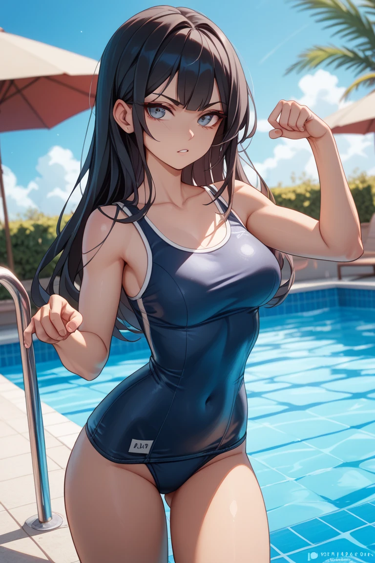 high quality、最high quality、Ultra-high resolution、Slender beauty、School Swimsuit、Embarrassed look、Droopy eyes、Poolside、Sitting with legs crossed、Sitting with knees hugged