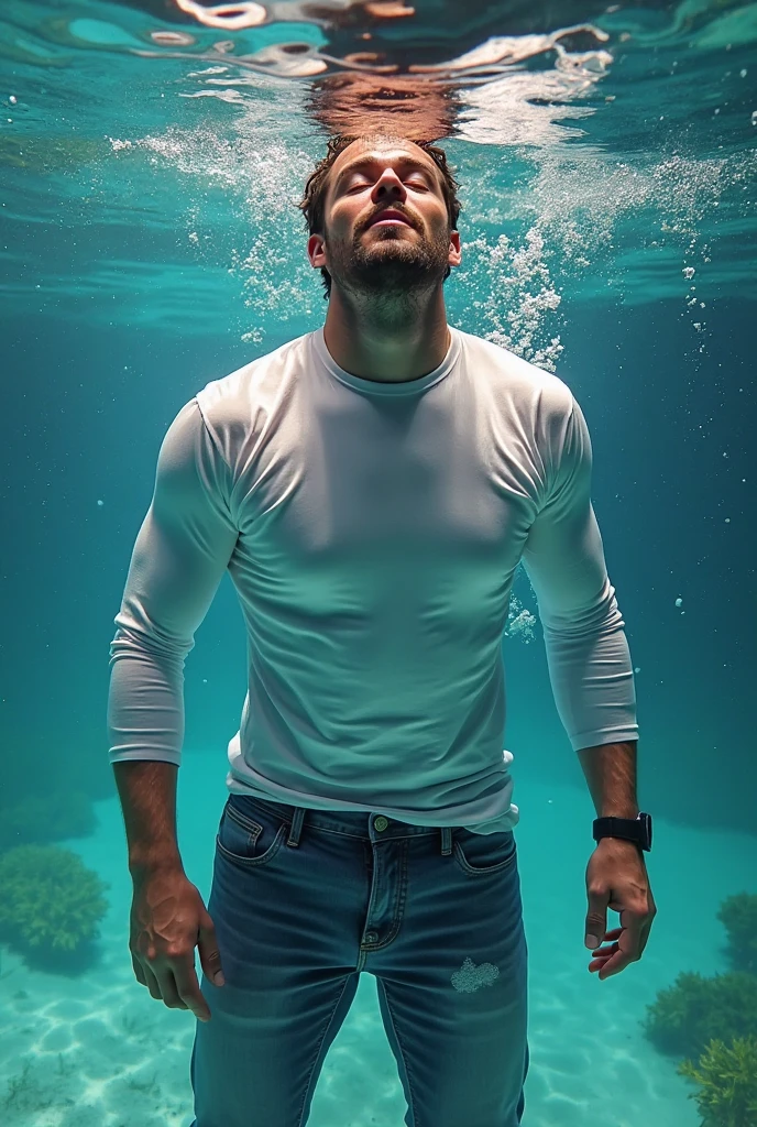 Draw a man in a deep ocean swimming downwards. Wearing jeans and a loose black shirt. Submerged and drowning in water.