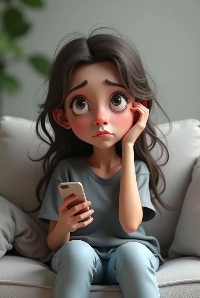 A 3D caricature rendering by Autodesk Maya of a semi-realistic characte. A tired young girl with disheveled long hair sits on a light gray sofa, her expression indicating exhaustion. She holds a smartphone in one hand while her other hand supports her head. She wears a loose-fitting white t-shirt and has bare feet resting on the couch. The background is softly blurred, emphasizing her relaxed and weary demeanor. advertising big head,