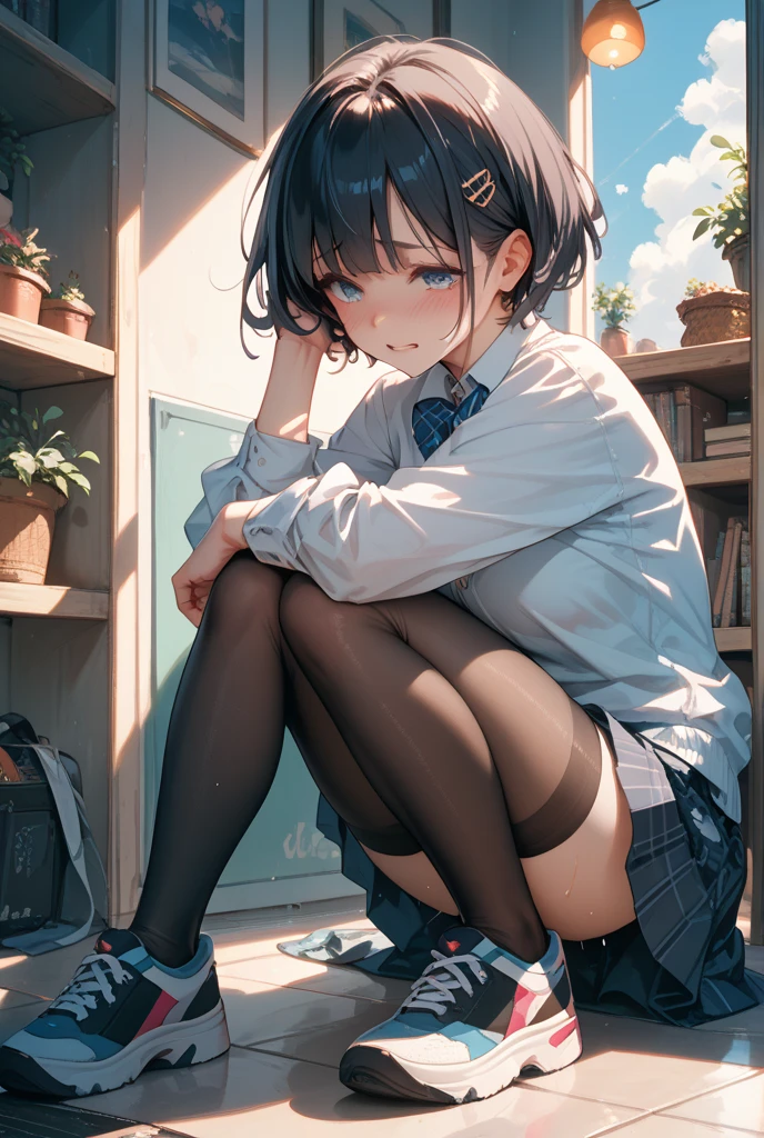 Top quality, masterpiece, High resolution, (Head to toe full body), front, frontやや下からの構図, Symmetric, Tall 18 year old girl, alone, (Head to toe), (Small breasts), Unkempt brown hair, bangs, (black tights), (Black Pantyhose), (Sit with your legs apart), (Crouching pose), (A composition showing white panties), (Her legs were spread、I see your white pants.), (I was made to sit on the floor with my legs spread..), (M-shaped legs), Thin legs, A very beautiful and tall 18 year old girl, (No shoes), blush, Shy big eyes, looking at the camera, Blazer Uniform, Checkered Pleated Skirt、Megumi Kato