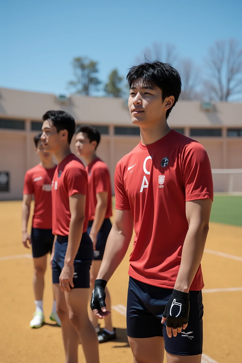 teenage guys,Young Korean 15 years old , lined up in front of the board and stood in three rows to pay their respects nation flag, outdoor flag pole grass field in the morning.stand with colourful briefs underwear , sideways standing nude body shirtless