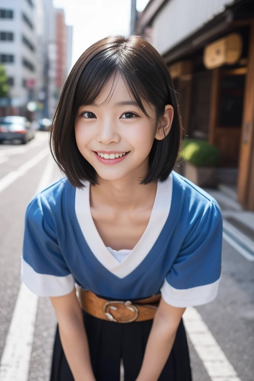 8k,masterpiece,Japanese,12-year-old girl,from the front,smile,cute,Innocent face,Innocent,Kind eyes,Childish,Plain T-shirt,Short sleeve,Blue checked short skirt,Bob,Hair blowing in the wind,Black Hair,Somewhat strong wind,noon,bright,Sitting、M-shaped feet, (Large Breasts:1.2),(Emphasize the chest:1.2)