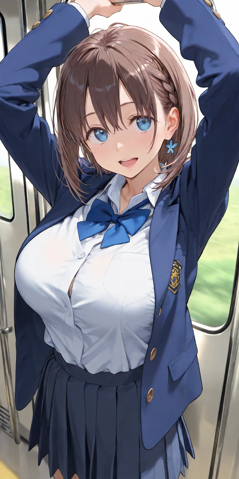 ((jacket lift、shirt lift、nsfw))、(big breasts:1.5、big areola、shiny skin:1.5、nipples are visible),(nipples peek:1.1), Super detailed, young woman, upright, school wear