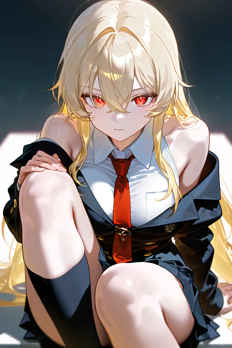 ((Best quality)), ((Masterpiece)), (Detailed),((perfect face)) Tokyo Revengers style, blonde girl, orange-blonde hair, blonde, ponytail hairstyle, hair tied in a ponytail, Bright yellow eyes, sharp yellow eyes, Small mole under the eye, Little black mole, Calm looks, Tsundere, Japanese black , short black school shirt, Sailor shirt, The shirt is short and does not cover the stomach, loose socks, White loose socks, beautiful red tie, Black long sleeves, black sailor collar with red threads, Black short skirt, skinny girl, Regular hairstyle, not a weird hairstyle, She's sitting in class, The lighting is beautiful, Very good detailed eyes