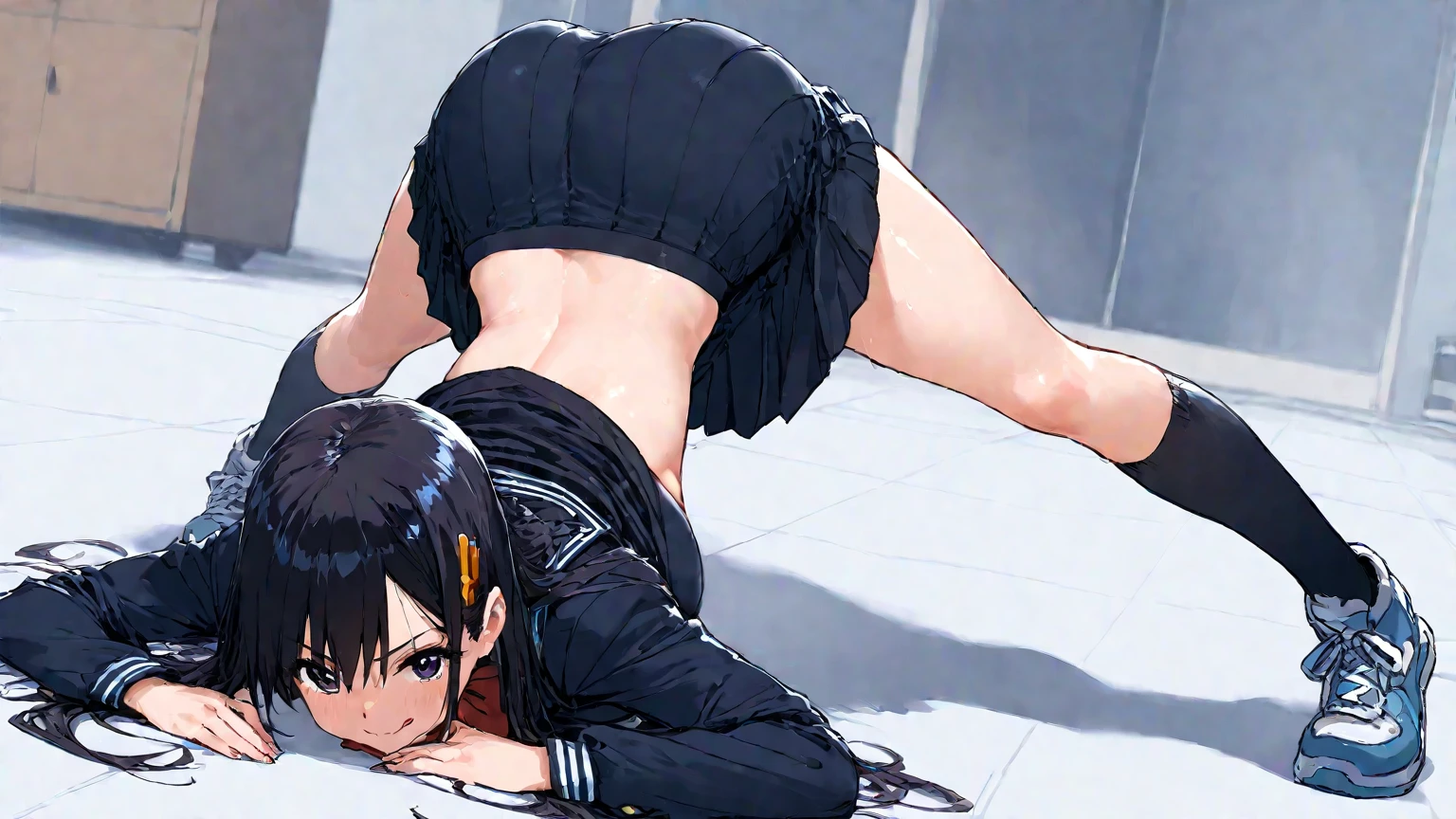 Meisterwerk, best quality, Hogtie, Beautiful girl, Girl Tied Up, Sportkleidung, Big butt, Ballknebel, Girl blushes, Girl lies on her stomach, viele Seile, Girl completely immobile, Girl helpless, Arms tied behind the back, Blick in die Kamera