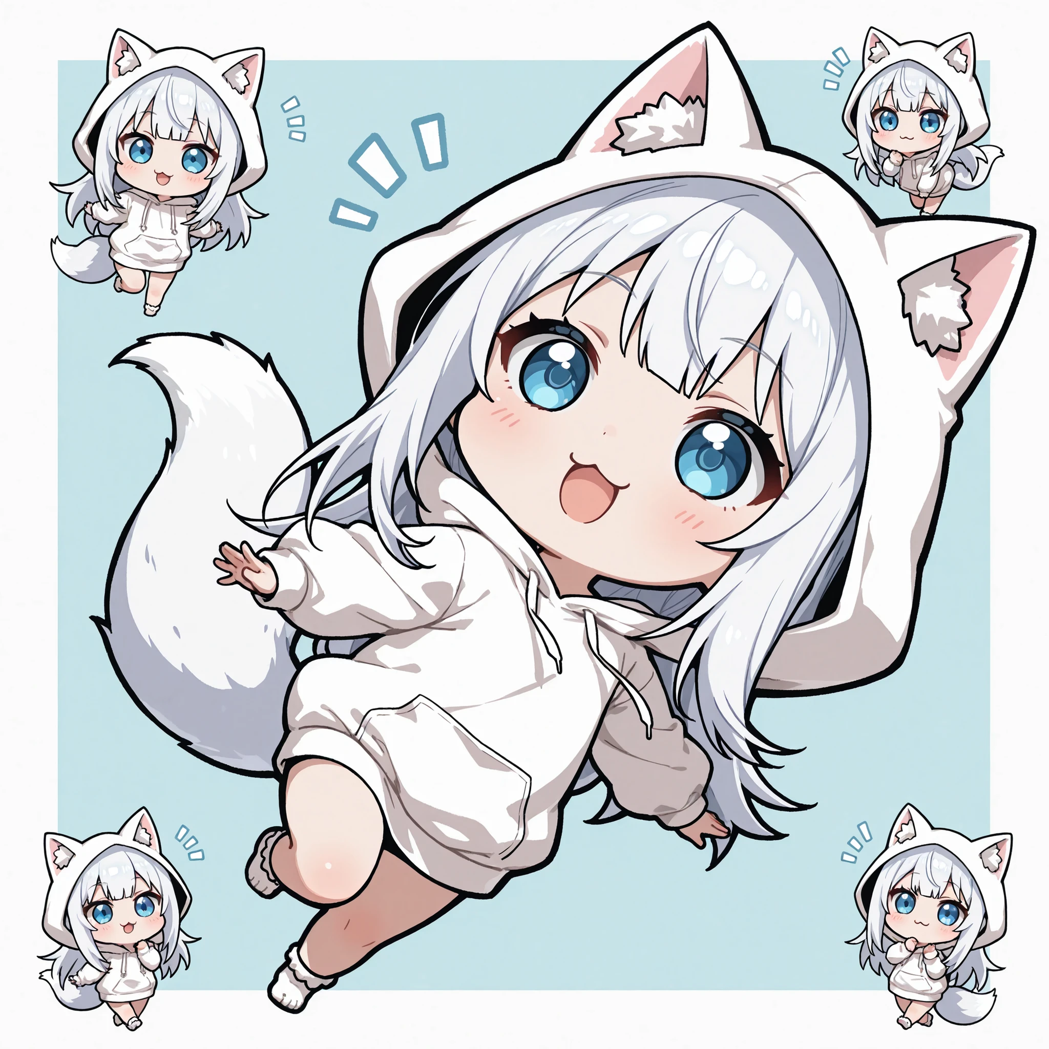 ((Masterpiece)),((best quality)),((incredibly absurdres)),((8K)),(anime style),
1 (chibi girl),(anime chibi),solo,white hair,long hair,straight hair,blue eyes,baby face,cute,kawaii,(white fox tail),(white cat ears),cat foot,
wearing a white cat hoodie,hood up,
dynamic pose,facing ahead,
(:3),open mouth,
black outline,bold,dynamic angle,