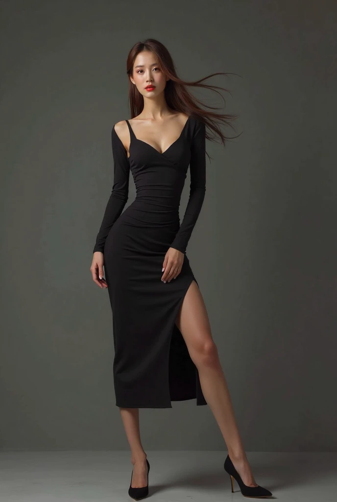 Beautiful Chinese woman, 23 years old, with bangs; courageous character, Kind, attractive; long dress, Elegant black dress, deep cut, high slits, bare legs, Thin straps, fitted waist, confident pose; Chinese Hairstyle, hair bun, Chinese heels with crystal flowers; light makeup; elegantly standing, (masterpiece, accuracy, Shine, 8 K)