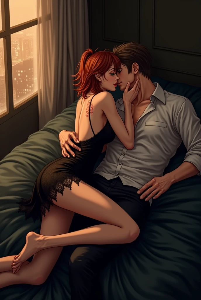 kissing his son en la cocina, woman with sad look, woman with tears long hair, Red hair, short hair, makeup smeared, open mouth, kissing his son, 15 year old son, young son. son lab clothes, happy son.